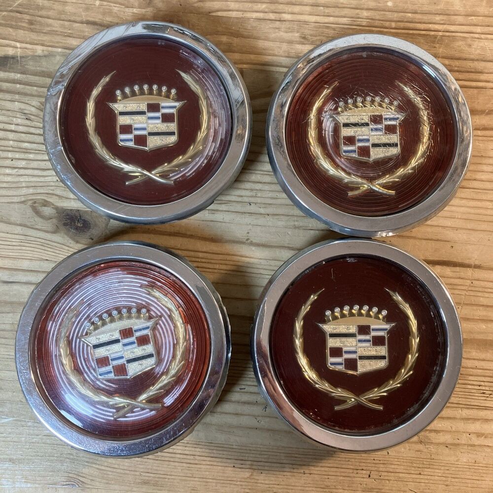 VTG 1980's Cadillac OEM Red Gold Crest Wreath Wheel Hubcap Center Caps Set of 4